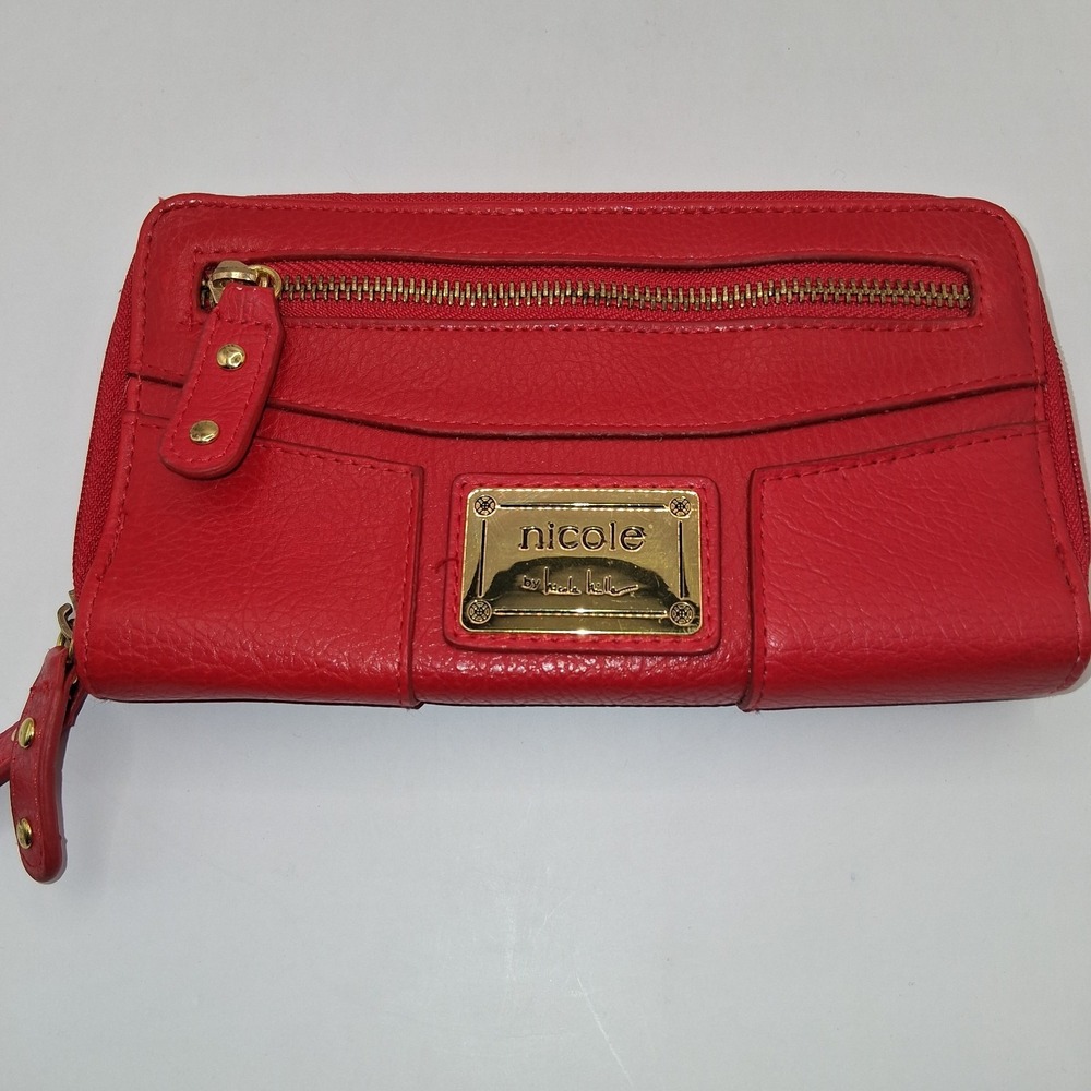 Nicole Miller New York Red Faux Leather Zip Around  Wallet Clutch